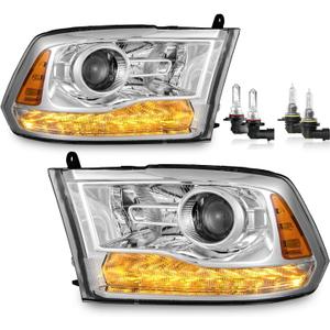 Headlights Assembly with Amber LED DRL/Signal lamps (OEM style) for 2013-2018 Dodge Ram 1500 2500 3500, 2019 Ram 1500 Classic Only (Bulbs included)