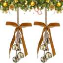 2 Pcs Rustic Christmas Bells with Neutral Velvet Ribbon Bows Christmas Metal Bells Hanging Ornament Xmas Tree Wall Door Wreath Decoration for Rustic Farmhouse Holiday Decoration