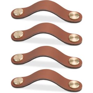 Pack of 4 Leather Drawer Pulls Light Coffee Cabinet Handles 5 inch Dresser Knobs Cabinet Door Handle, Faux Leather Pulls for Dresser, Closet, Kitchen Cupboard (5in Hole Center, Light Coffee)