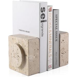 Koville Marble Square Book Ends, Heavy Duty Book Holders, Bookends for Shelves, Office Bookshelf Decor for CDs/Video Games(Travertino Romano)