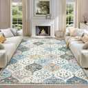 9x12 Area Rug Large Machine Washable Rug for Living Room Moroccan Trellis Accent Rug Stain Resistant Non-Slip Carpet Farmhouse Vintage Distressed Floral Floor Cover for Bedroom, Blue/Taupe
