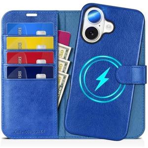 TUCCH Case Wallet for iPhone 16, Removable [2 in 1] [Wireless Charging] PU Leather Magnetic Stand RFID Blocking [4 Card Slots] Detachable Protective Folio Compatible with iPhone 16, Klein Blue