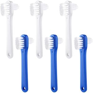 Patelai 6 Pack Denture Cleaning Brush Dual Head Portable Denture Toothbrush Hard Double Sided Multi-Layered Bristles False Teeth Toothbrush for Care Clean Clear Brace Mouth Guard(Blue White,Flat)