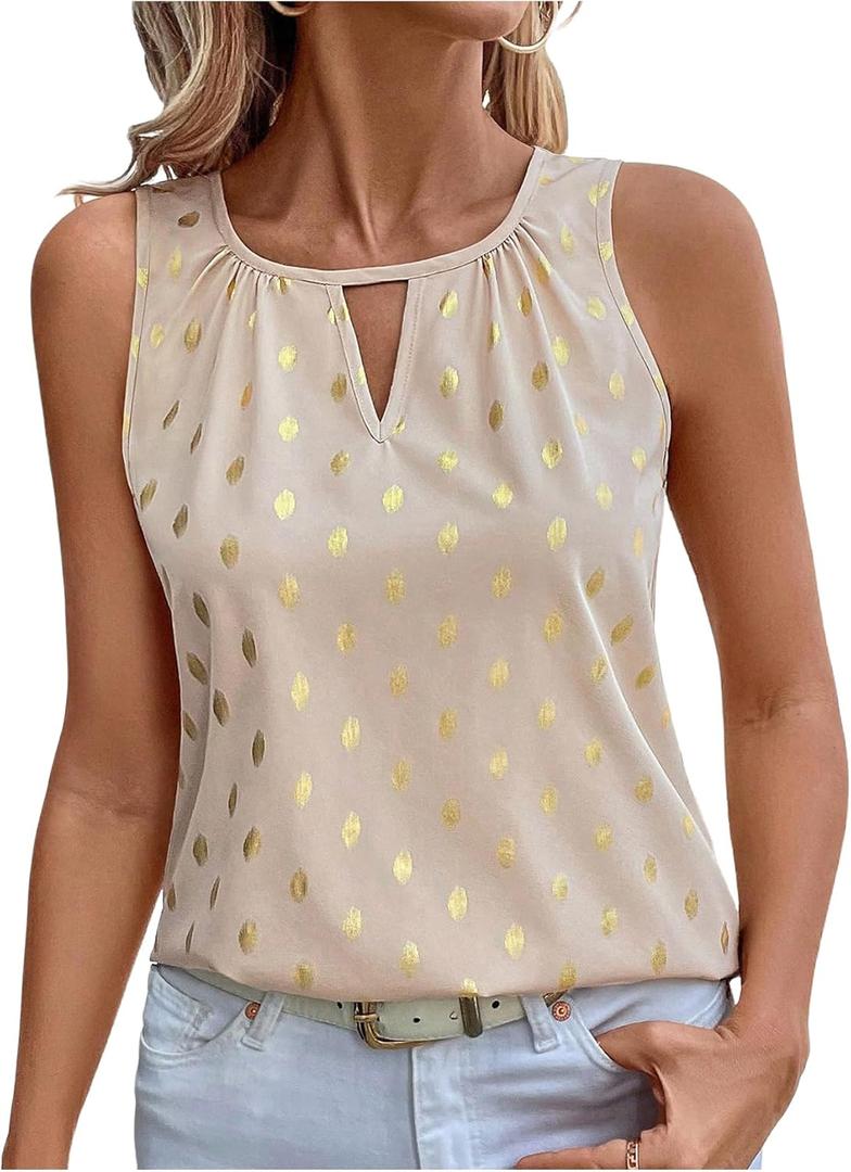 SweatyRocks Women's Polka Dots Sleeveless Blouses Cut Out Crew Neck Dressy Flowy Tops (Gold, L)