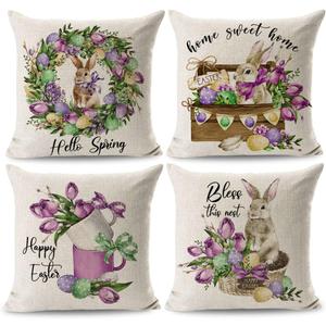 JOJOGOGO Easter Bunny Throw Pillow Covers 18x18 Set of 4 Hello Spring Outdoor Pillow Covers for Farmhouse Easter Rabbit Eggs Home Decor