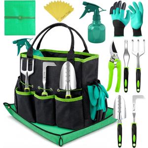 Heavy Duty Gardening Tools - Gardening Gifts for Women, Men, Mom, Dad - Durable, Ergonomic Garden Tools Set (Green with Potting Mat)