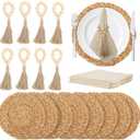 24 PCS Round Woven Placemats Set, 8 Boho Rattan Tablemats 13" Natural Water Hyacinth Farmhouse Place Mats with 8 Cotton Napkins, 8 Wooden Beads Napkin Ring for Kitchen Dining Table Decor