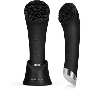 PRITECH Facial Cleansing Brush, Rechargeable Silicone Face Scrubber with Heat Massage End, Vibrating Exfoliator Scrubber for Deep Cleaning, Waterproof Face Brush for Women and Men (Black)