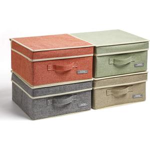 YueYue Small 4 Pack Fabric Stroage Box with Lids, Linen Foldable Stroage Box with lids 4 Color Set 12.4in/12in/6.7in