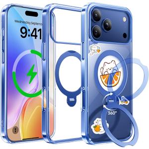 for iPhone 17 Pro Max Case 2025 (Compatible with MagSafe) (Military Protection) with 360 Spin Stand (DIY Cute Stickers) Anti-Yellow Clear Slim for 17 Pro Max Phone Cover 6.9", Blue