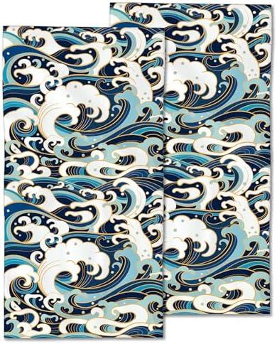 CXULIN 2 Pack Hand Towels for Bath, Japanese Ocean Waves Decorative Towels Highly Absorbent Soft Towels for Bathroom Beach Kitchen Spa Gym Face Towel 14x28 Inch