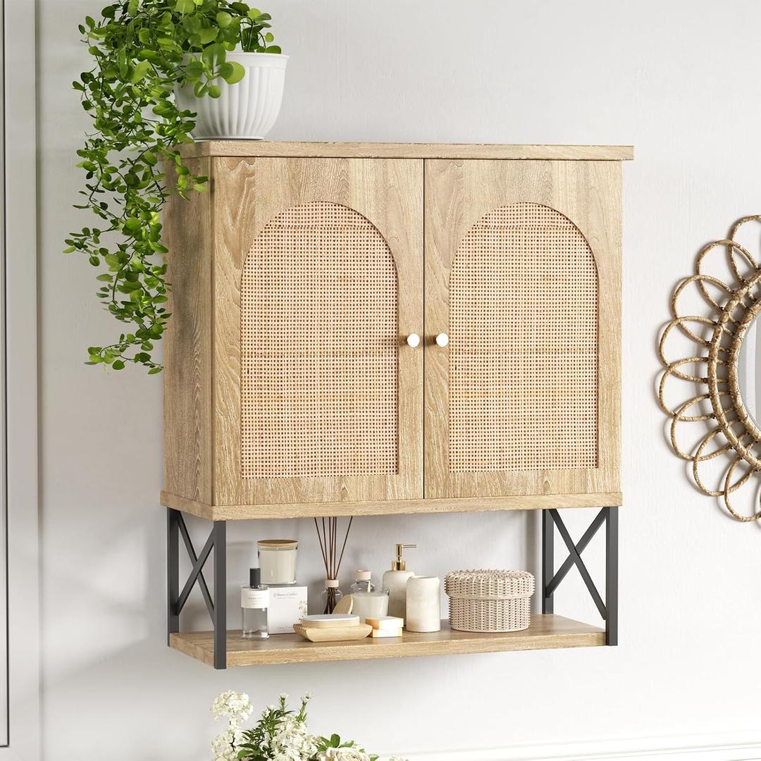 Rattan Bathroom Wall Cabinet, Boho Medicine Wall Cabinet with Double Doors and Adjustable Shelves, Tall Kitchen Wall Mounted Storage Cabinet, Floating Space Saver Over Toilet, Natural, 10"D 23.62"W 26.77"H