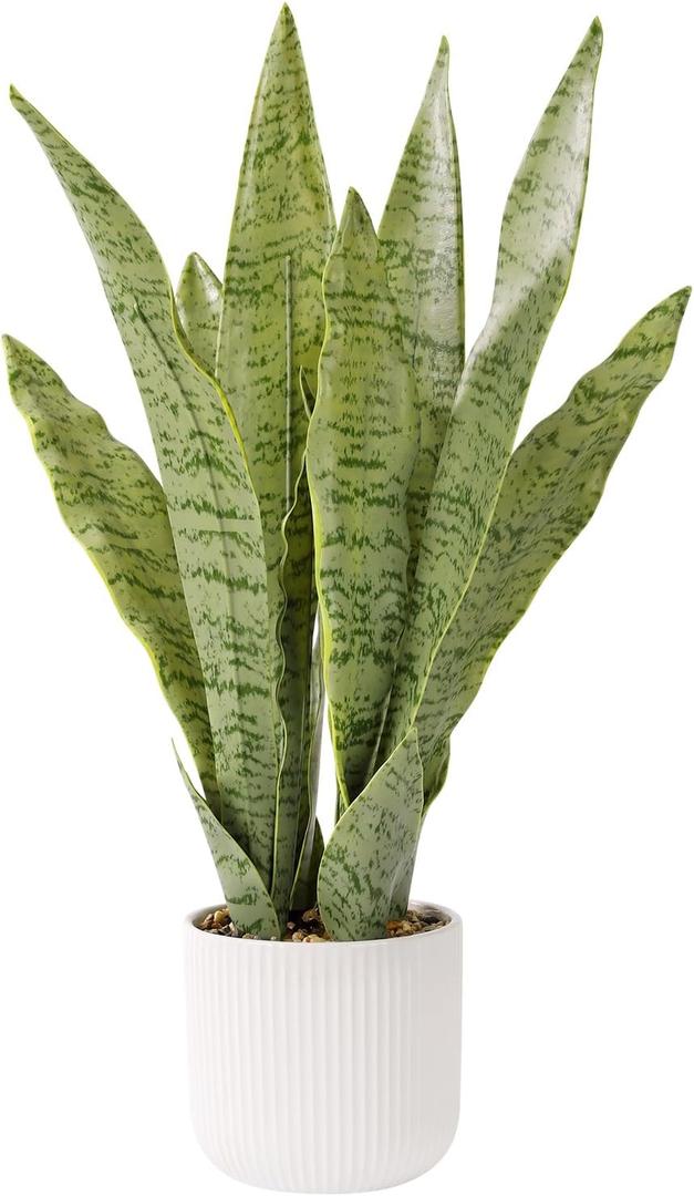 Artificial Realistic Snake Plant 21.5" with White Pot Fake Snake Plants Sansevieria Greenery Faux Snake Plant for Home Office Living Room Housewarming Gifts Indoor Decor-Light Green
