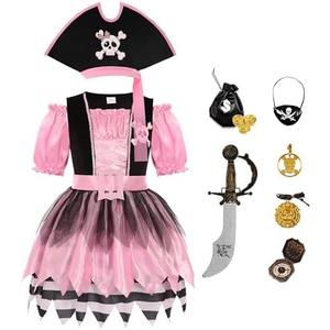 Cuteshower Girls Pirate Costumes for Kids Sea Buccaneer Costume Pink Pirate Dress Halloween Cosplay Party Size XL