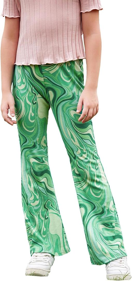 WDIRARA Girl's Printed High Waist Flare Leg Ribbed Knit Elastic Waist Casual Long Pants Green 9Y