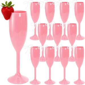 12 Pack Acrylic Champagne Flutes, 5.5 Oz Pink Wedding Toasting Glasses with Bows Drink Tags, Unbreakable Wine Drinking Goblet Champagne Stemmed Cups for Wedding Party Anniversary