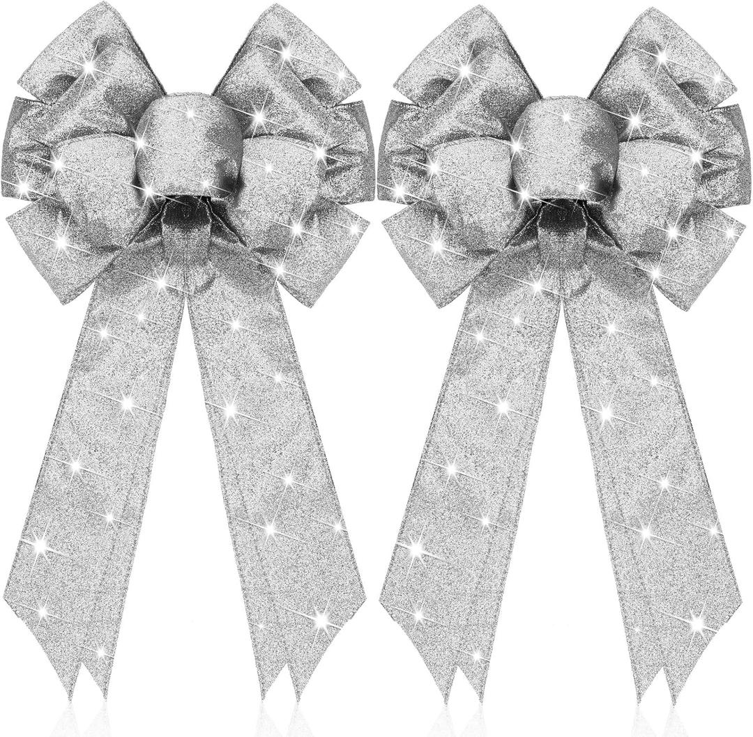 Giegxin 2 Pcs Large Silver Lighted Christmas Bows with Lights for Wreath and Tree Topper, 18x10 Inch Pre Lit Silver Wreath Bow Light up for Christmas Decorations for Front Door Windows Outdoor Indoor