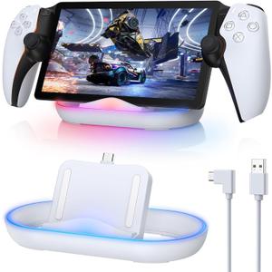 FASTSNAIL Charging Stand for PS Portal Remote Player, Portable Charge Dock Station with 14 RGB Light Modes and Type-C Cable, Charge Base Holder Accessories for PlayStation 5 Portal Console (White)