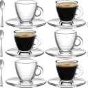 BOHEM'S Espresso Cups, 3.2 oz Small Demitasse Clear Glass Espresso Drinkware, Set Of Cups, Saucers and Stainless Steel mini Spoons + Free Glass Spoons (Set of 6)