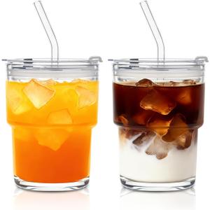 13oz Glass Tumbler with Lid and Glass Straw Set of 2  Thick-Walled Iced Coffee Cup, Reusable Clear Glass Cups for Water, Iced Tea, Coffee, Juice, Perfect for On-the-Go & Daily Use