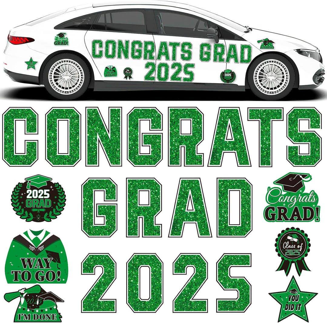 JULMELON Graduation Car Decorations Magnets, 22pcs Class of 2025 Grad Decor Car Magnetic for Kindergarten University Graduation Party Cruise Garage Door Refrigerator Decorations Supplies (Green)