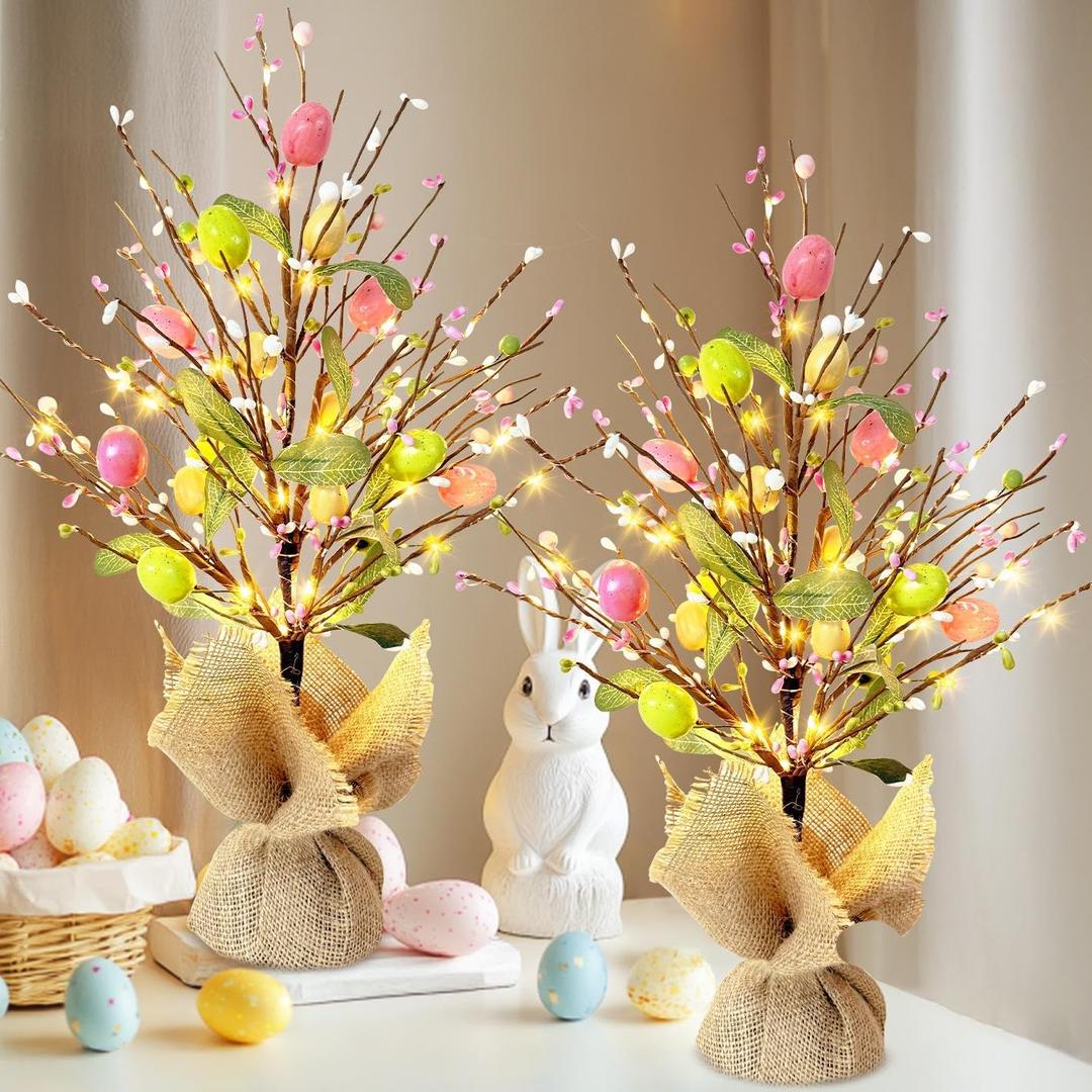 EAMBRITE Easter Decorations Easter Egg Tree with Lights, Lighted Trees Battery Powered, Tabletop Centerpiece Decor with Colorful Egg Ornaments for Home Table Party Spring Decoration (2 Pack)
