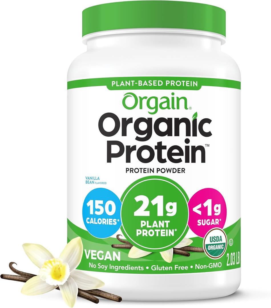Orgain Organic Vegan Protein Powder, Vanilla Bean - 21g Plant Protein, 6g Prebiotic Fiber, No Lactose Ingredients, No Added Sugar, Non-GMO, For Shakes & Smoothies, 2.03 lb (EXP 09/12/26)