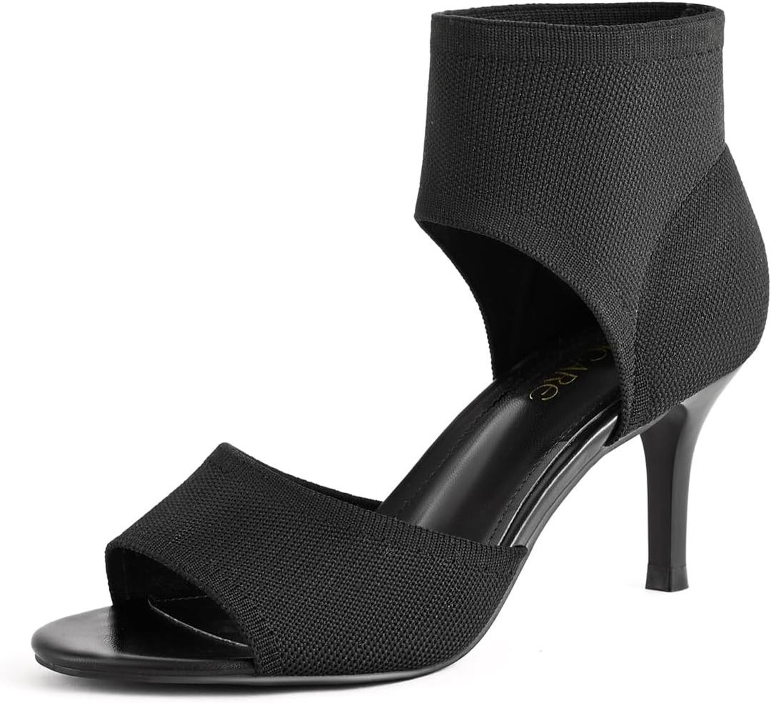 Peep Toe Heels for Women Sexy 3 Inches Stiletto Heeled Sandals for Women Open Toe Wide Stretchy Knit Heel Sandal Booties Slip On Comfortable Dressy Shoes for Prom, Party and Work Size 7 1/2