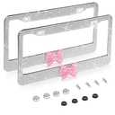 2 Pack Bling License Plate Frame，Handcrafted Bling Rhinestone Premium Stainless Steel License Plate Frame，14 Facets Clear Color Rhinestone Crystal (Silver&Pink-Bow)
