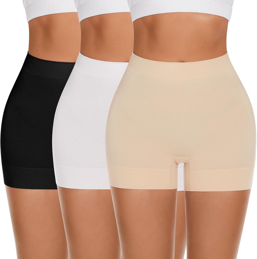 FRESBEIT Slip Shorts for Women Under Dress,Boyshorts Panties Anti Chafing Boyshorts Smooth Shapewear Shorts (Medium, 3 Pack Black+white+nude)