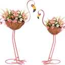 Set of 2 Pink Flamingo Outdoor Planters with Basket, Metal Flamingo Planter for Indoor Outdoor Garden Yard Decor (Flamingo-Planter)