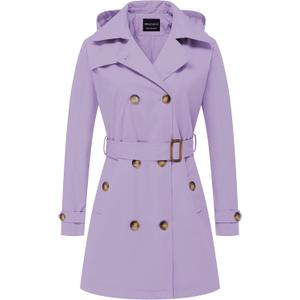CREATMO US Women's Trench Coat Double-Breasted Classic Lapel Overcoat Belted Slim Outerwear Coat with Detachable Hood (X-Large, Light Purple)