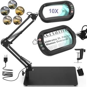 10X Square Magnifying Glass with Light and Stand, Real Glass LED Lighted Magnifier, 5 Color Modes Stepless Dimmable, Hands-Free Mag Desk Lamp with Clamp for Reading Craft Hobby Close Work (Black)