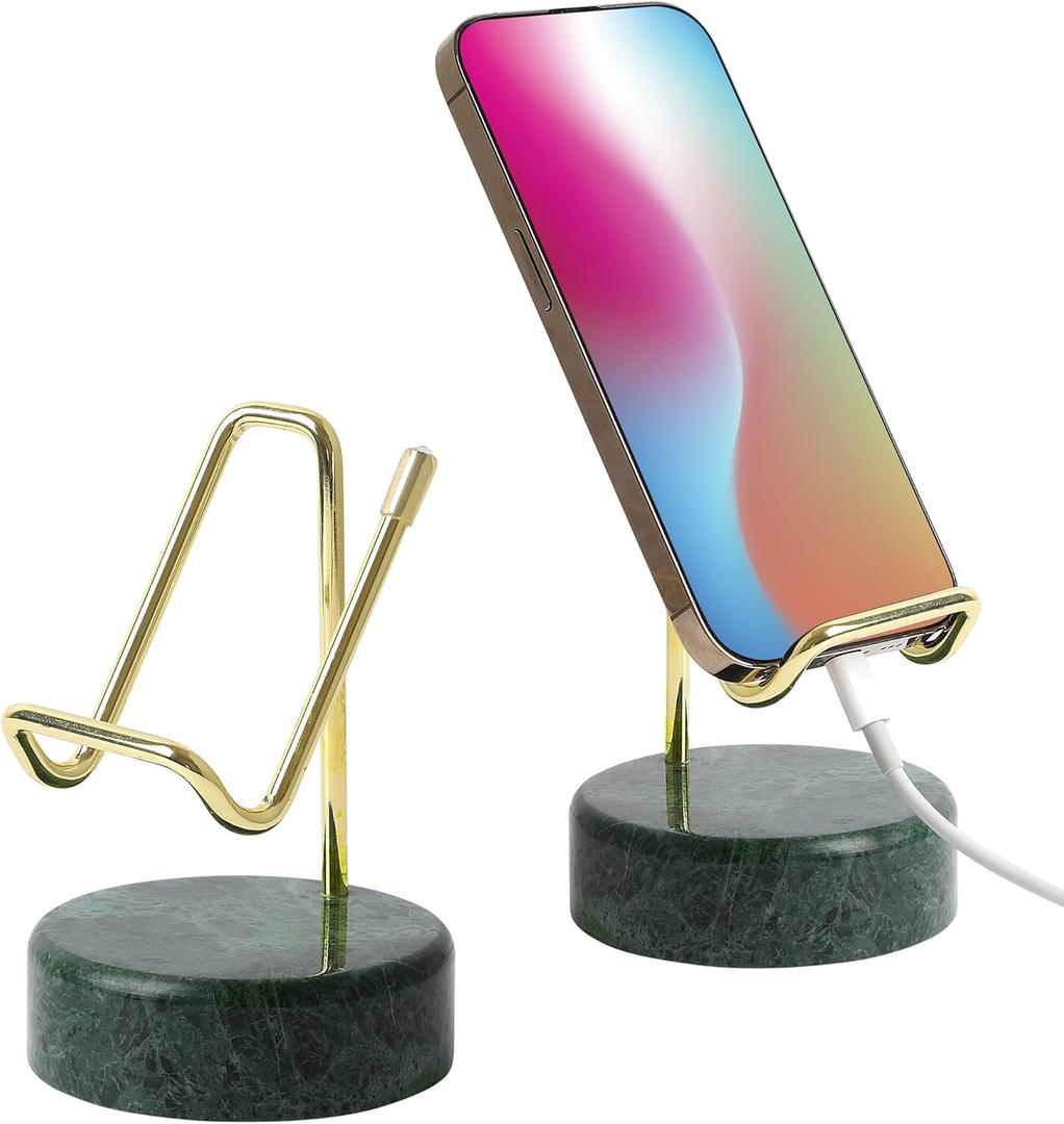 Marble Phone Stand with Metal Holder, Charging While Using, Swipe Up to Unlock, Made of Natural Marble as Business Card Holder for Office Desk (Emerald Green + Gold)