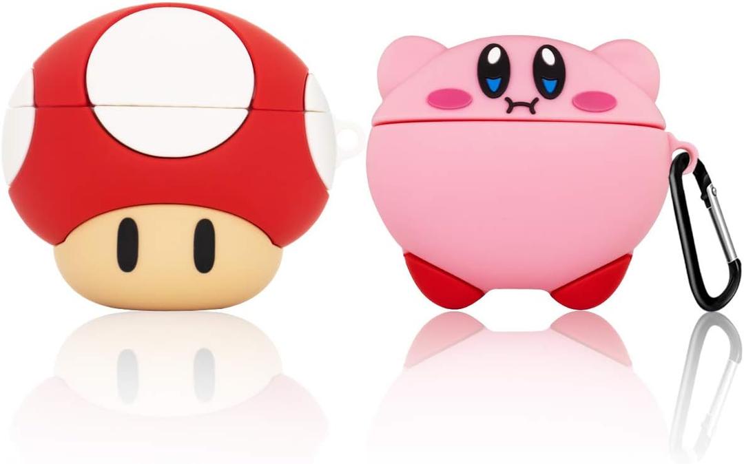 [2 Pack] TOLUOHU Case for Airpods Pro,3D Cute Cartoon Funny Anime Character for Girls Boys Kids Teens Women,Shockproof Soft Silicone Case with Keychain(New Star Kabi+Mushroom)