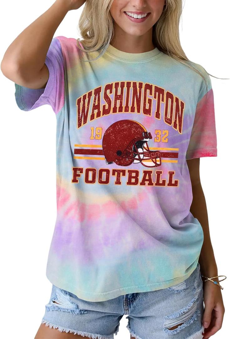 IZYJOY Women Football Shirt Vintage Game Day T-Shirt Sunday Funday Tee Tie Dye Football Season Short Sleeve Tops (Medium, Light Purple-098)