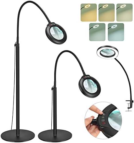 Drdefi 10X Magnifying Floor Lamp with Light, 24" Flexible Gooseneck Standing Magnifying Glass, 3-in-1 LED 5 Color Modes Stepless Dimmable Lighted Magnifier Lamp Hands-Free for Close Work, Reading