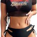 Sexybody Women's 3 Piece Swimsuit Halter String Bikini Tie Side Mesh Short Sleeve Bathing Suits Medium