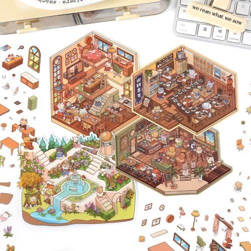 AiMQnLe DIY 3D House Scene Stickers - 4 Sets - Garden/Sushi Shop/Loft, Cute Cartoon Sticky Pack, 3D Miniature Scene Stickers，Christmas Gifts for Adult Kids Relief Stress (Set G), 3 Pack