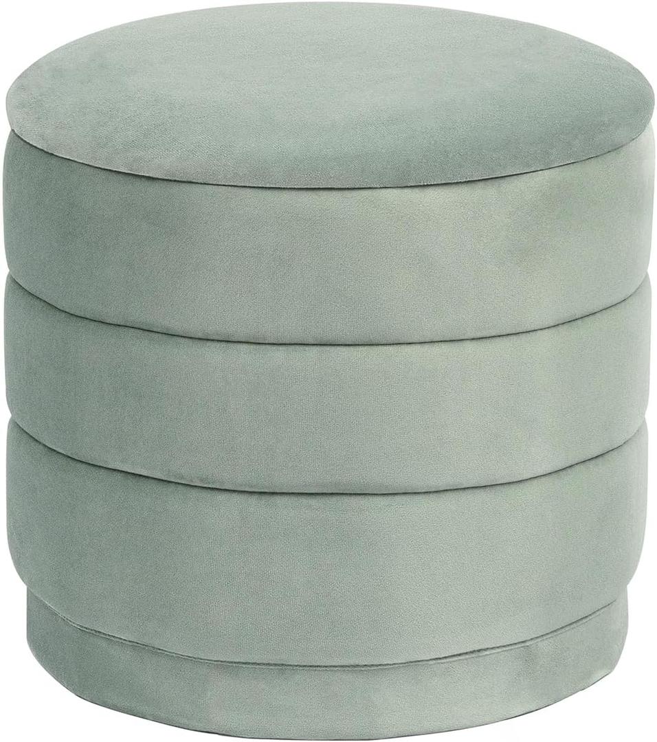 15.4" Round Velvet Storage Ottoman with Reversible Lid, Upholstered Circular Ottoman Footrest with Hidden Storage, Foldable Padded Footstool for Dorm Living Room & Bedroom, Sage Green