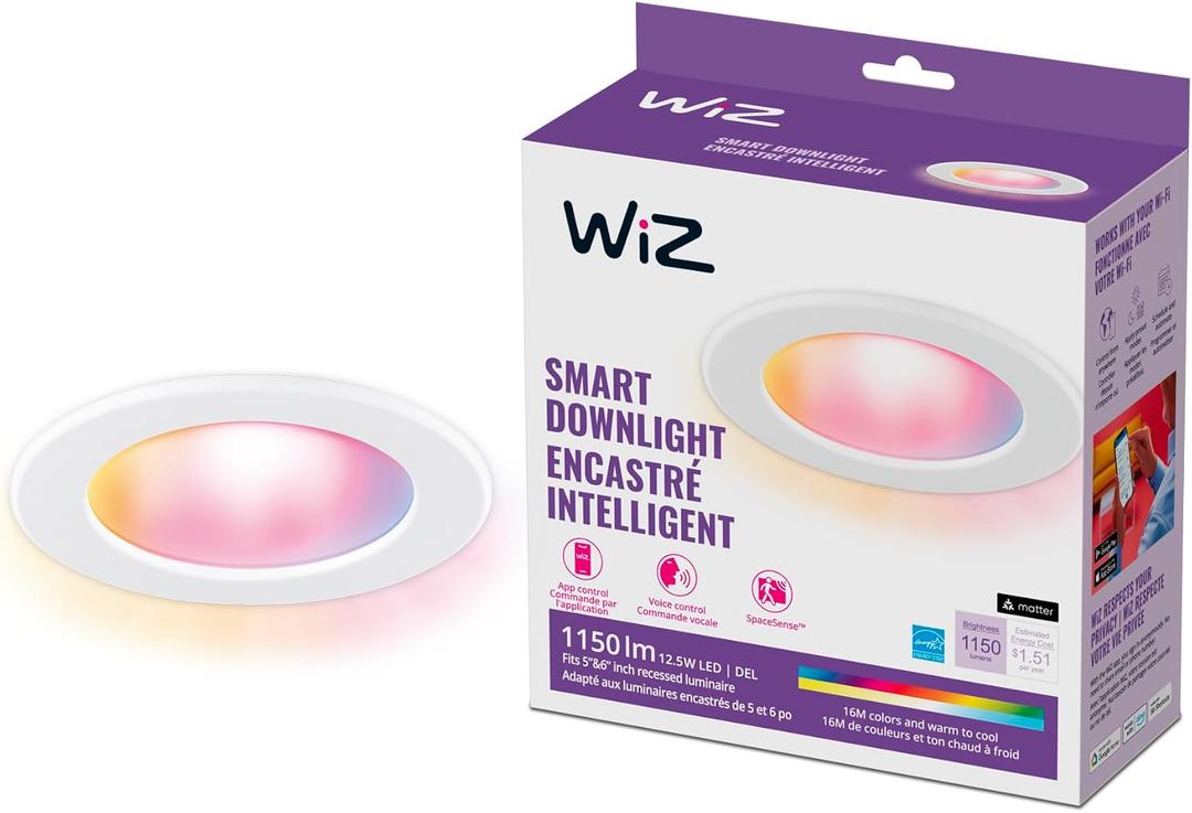 WiZ Connected Retrofit Recessed Downlight, 1150 Lumens, 6 Inch Matter Compatible LED Color Changing Lights, Motion Recessed Lighting ,Connects to your Wi-Fi, 1 Pack
