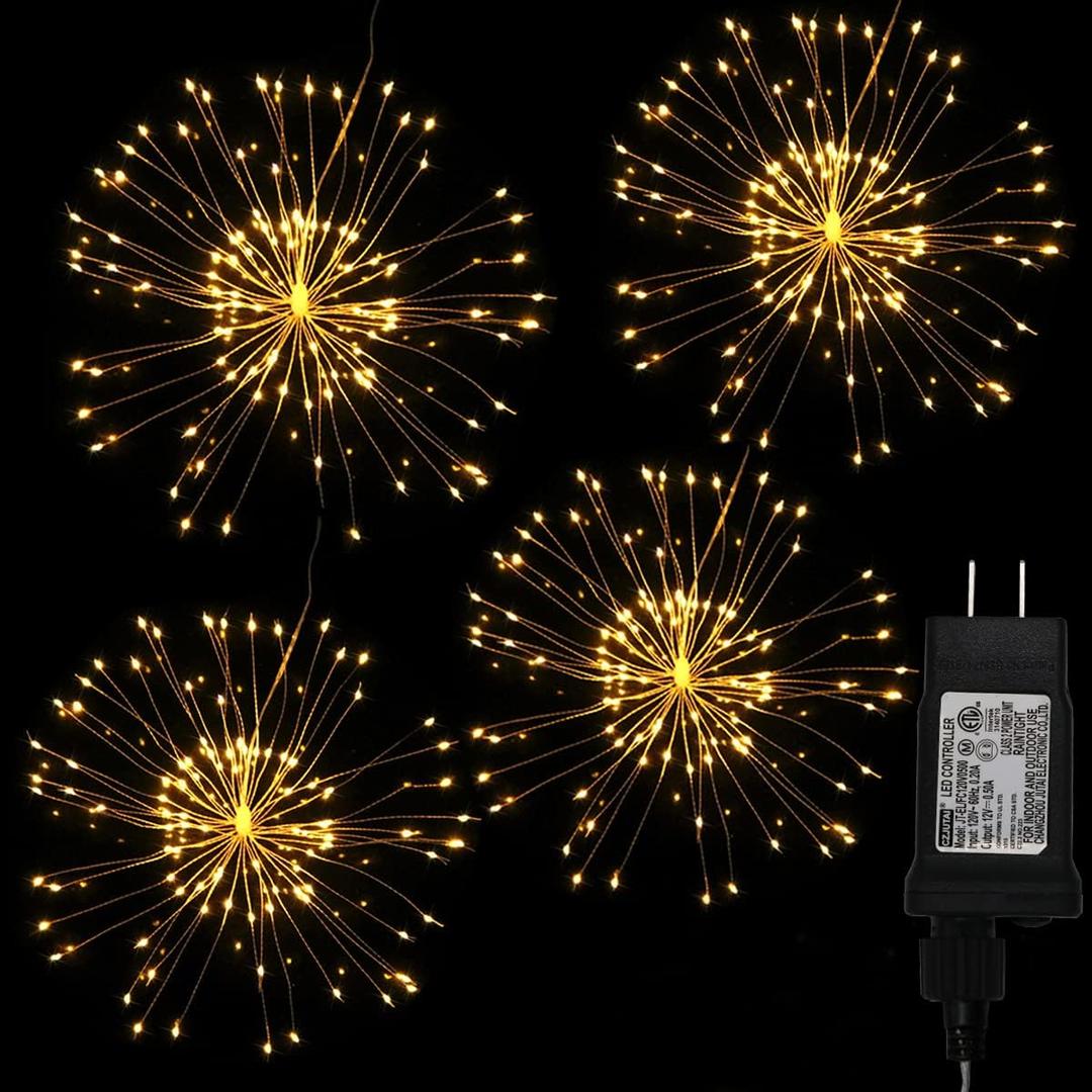 Dreamworth 4 Pack 480 LED Firework Copper Wire Lights, Fairy Twinkle Lights Plug in String Lights 8 Modes Waterproof Starburst Lights for Christmas, Birthday, Bedroom, Corridor Patio, Garden, Wedding (Warm White)