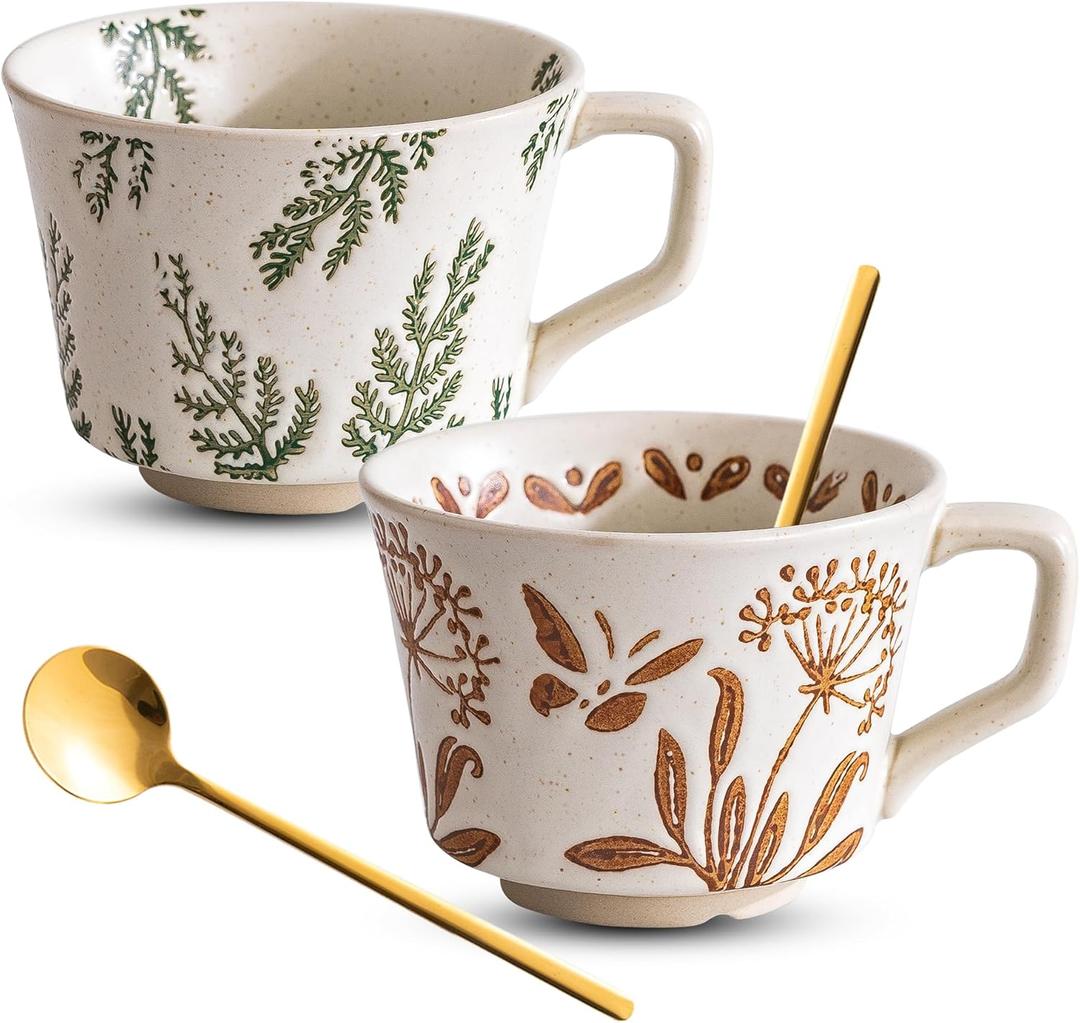 Ceramic Coffee Mug Set, 11 oz and 2 Spoons, Coffee Cup Set of 2, Suitable for Americano, Chocolate Drinks, Milk, Tea Drinks, Microwave Dishwasher Safe (Green Leaves/Dandelion)