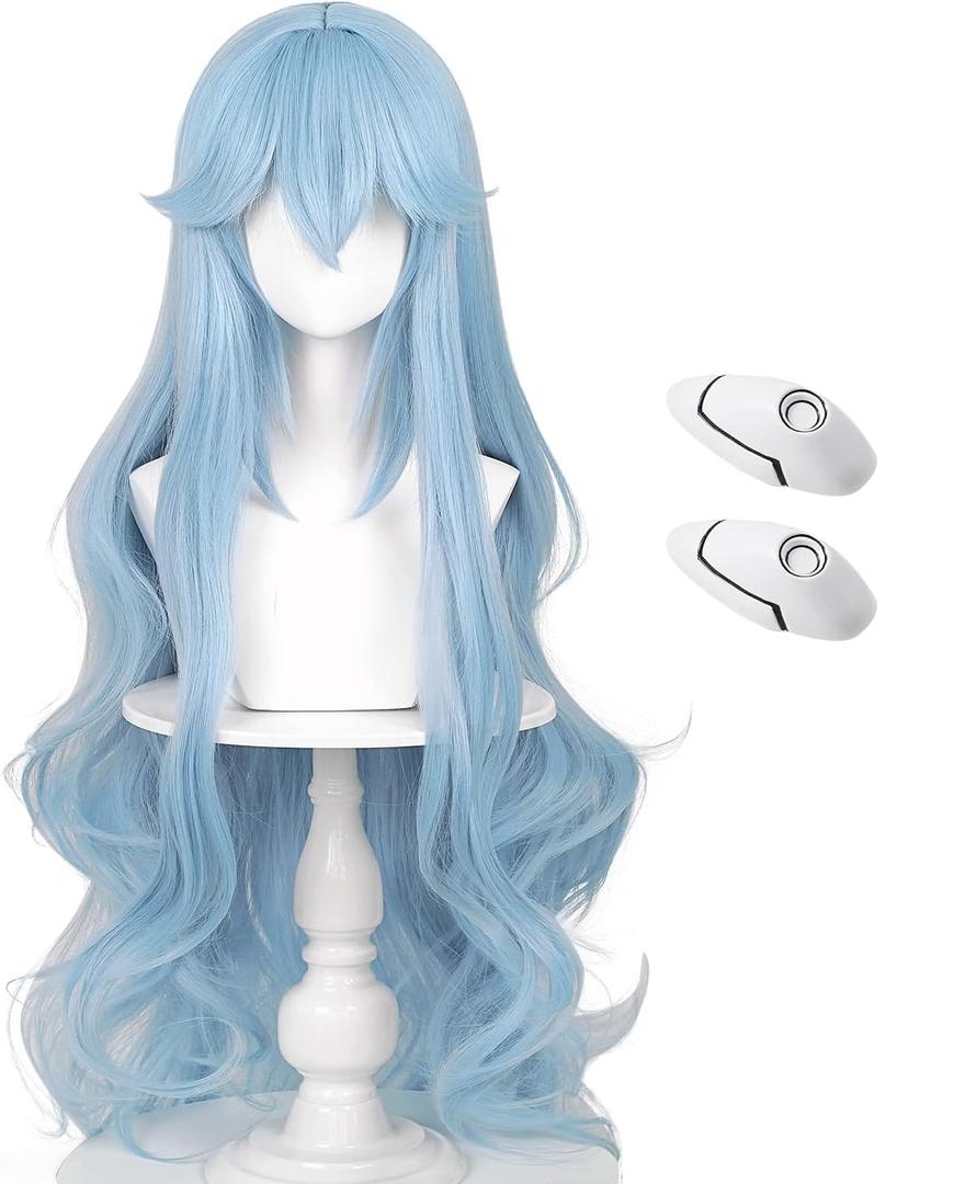 Ice Blue Wig for Cosplay + Hairpin Anime Long Curly Light Blue Wig Women Cosplay Costume Wigs Accessories for Halloween Party + Wig Cap