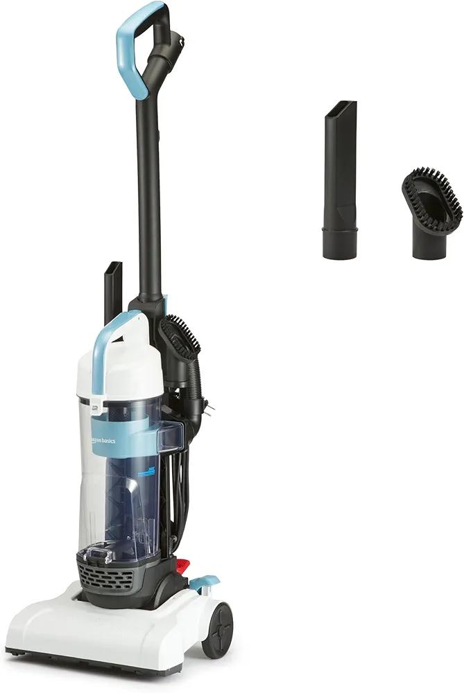 Amazon Basics Upright Bagless Vacuum Cleaner for Carpet and Hard Floors, With Crevice and Upholstery Tools, Detachable Handle, Lightweight (8.4 lbs), 1.7L Dust Cup, 720W, 18ft Cord, Black/White