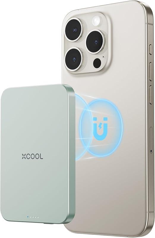 Magnetic Phone Charger, 5000mAh Ultra-Slim Magnetic Power Bank, Magnetic Portable Charger with USB-C Cable and Kickstand, Battery Pack Compatible with iPhone 16/15/14/13/12 Series, Green