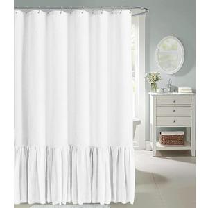 Awellife Farmhouse Shower Curtain Ruffle Linen Textured Boho Shower Curtain for Bathroom, White 72" W x 96" L