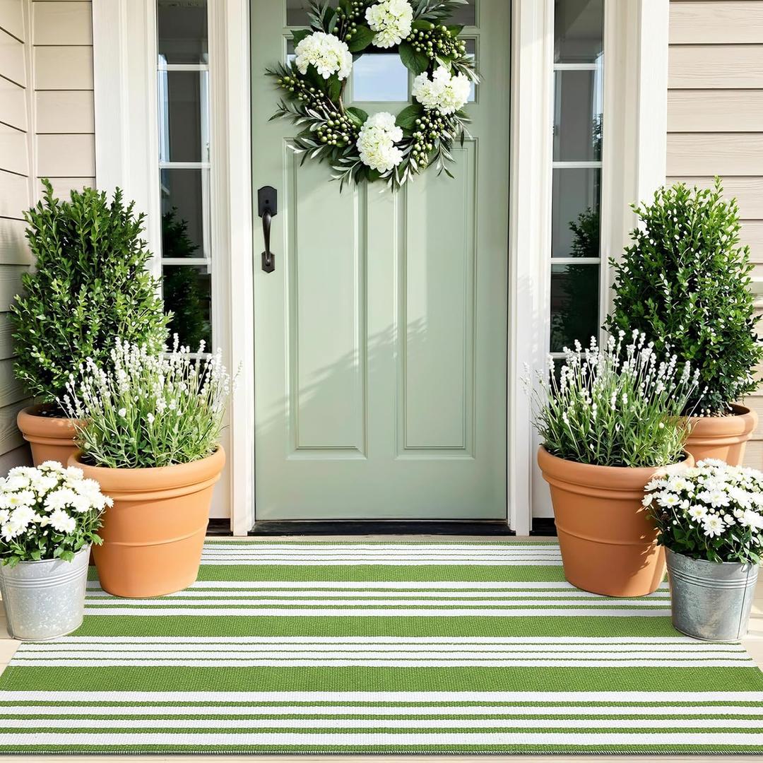 OLANLY Green and White Classic Striped Rug 2' x 4'3" (24" x 51")  Washable Cotton Indoor Outdoor Doormat for Front Door, Entryway, Kitchen, Porch, Patio Decor