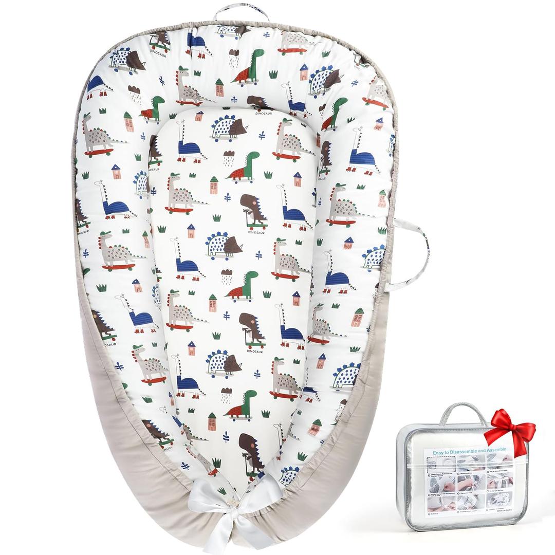 Baby Lounger - Baby Lounger for Newborn 0-24 Months, Breathable Pure Cotton Baby Nest Lounger Cover, Baby Registry Newborn Essentials Gifts, Portable Floor Tummy Time Lounger for Home & Travel (Grey Dinosaur)