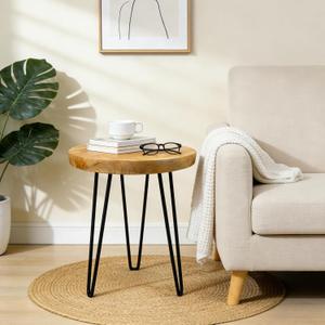 Round Live Edge Wood End Table, 14" Small Natural Wood Side Table with Hairpin Legs, Rustic Modern Nightstand, Small Wood Coffee Table for Living Room Bedroom Office